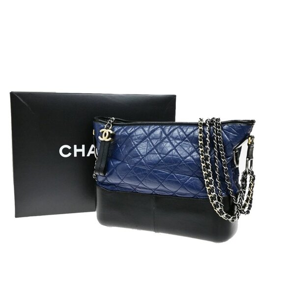CHANEL CC Logo Gabrielle Chain Shoulder Bag Leather Black Blue Italy 691RL050 - Picture 1 of 16
